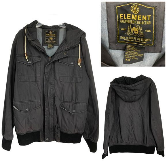Element Wolfeboro Sz M Jacket Black Cotton Canvas Hooded Cargo Lined Knit Cuffs - Picture 1 of 7
